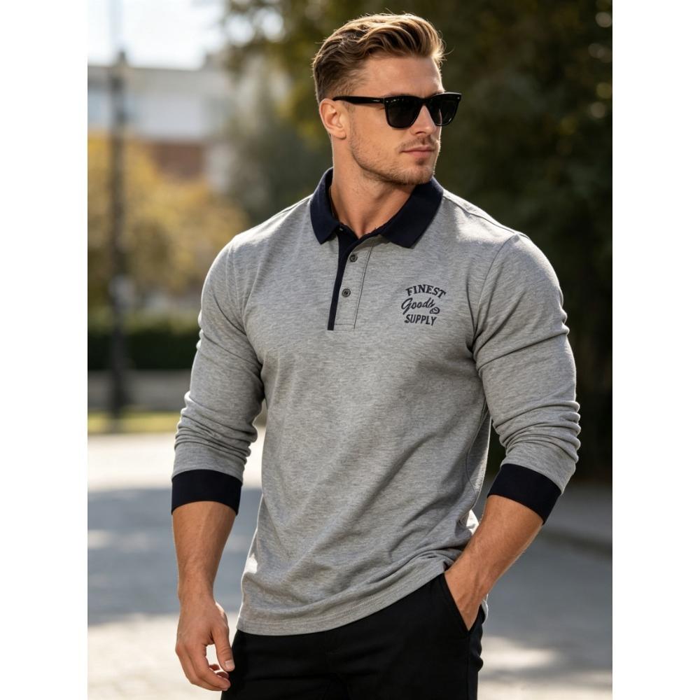 Men's Retro Color Block Long Sleeve Polo – Soft Touch Jersey Shirt with Contrast Cuffs & Vintage Logo – Smart Casual Business Wear