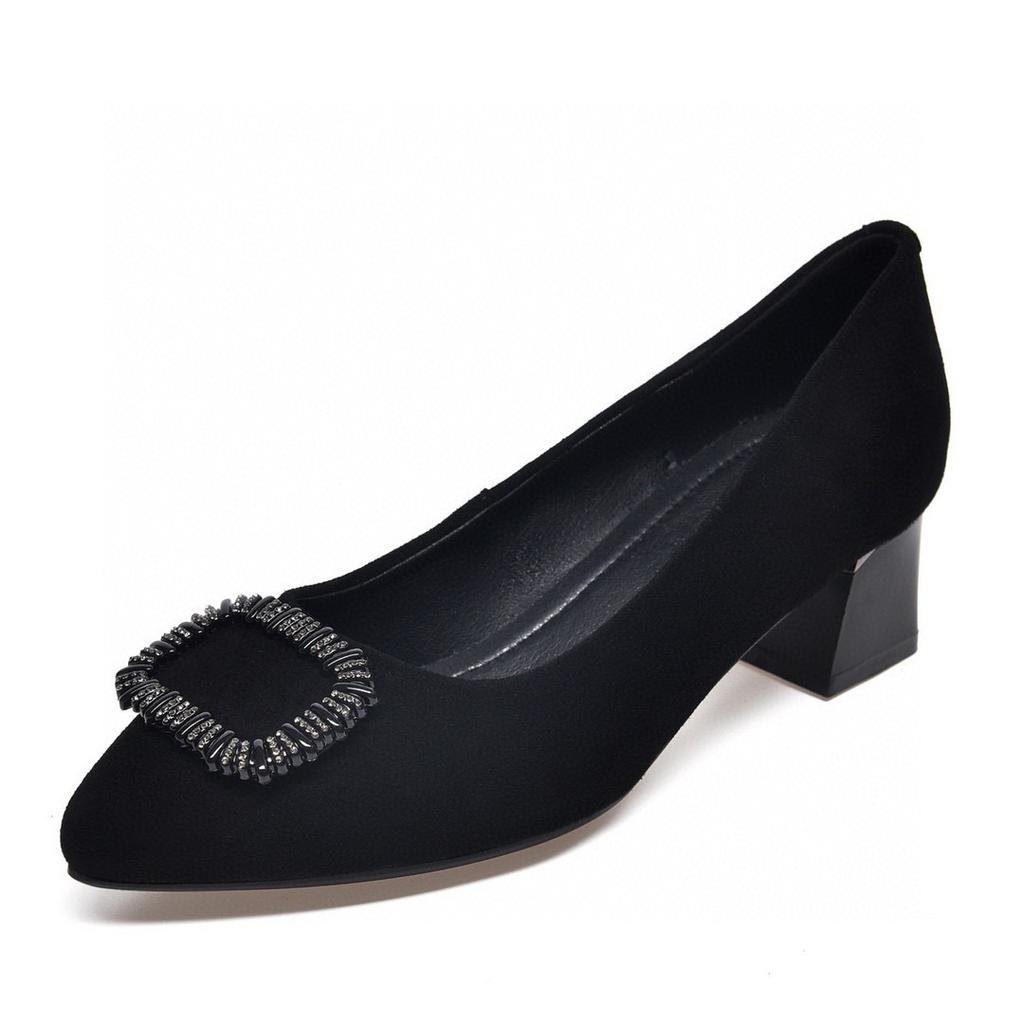 Pointed Autumn New Black Temperament Thick Heel Small Single Shoes Sheepskin Square Buckle Shallow Mouth Women's Shoes