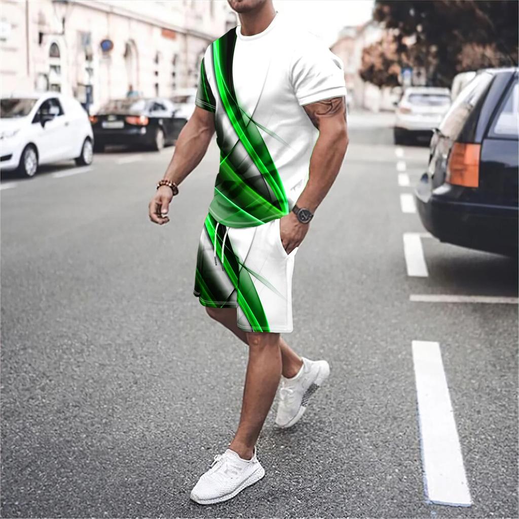 Abito stampato da uomo casual da uomo, maglietta oversize, pantaloncini da spiaggia, abbigliamento sportivo, scollo rotondo, abbigliamento sportivo, completo