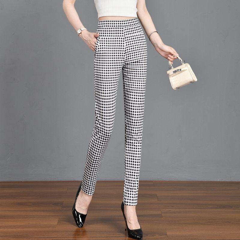 

Корейская мода Женская одежда Брюки-карандаш Весна Лето Повседневные Черные Белые Клетчатые Новые Эластичные С высокой талией Стройнящие Прямые Брюки S
