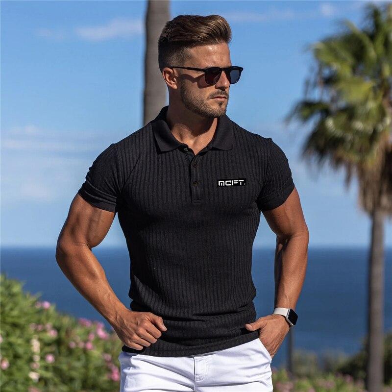 Muscleguys Men's Gym Clothes Summer Bodybuilding Comfortable Lapel Short-sleeve Youthful Printed Knitted Shirt Fashion Casual Streetwear