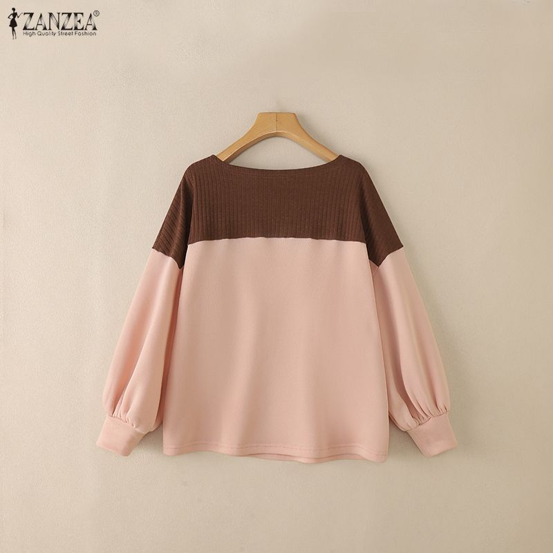 ZANZEA Women Casual Round Neck Loose Long Sleeve Patchwork Blouse