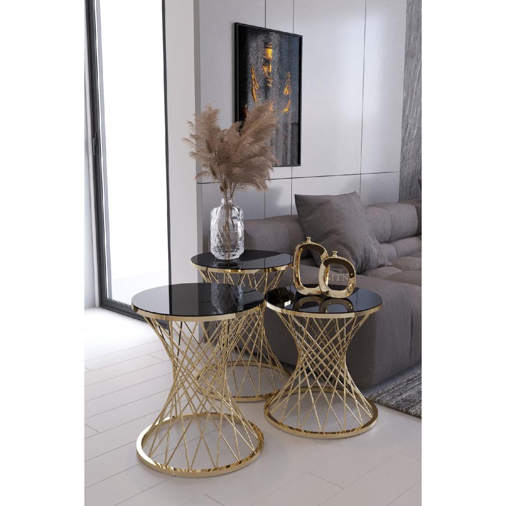Wicker Wire Crucible Nesting Table Gold Plated Black Glass