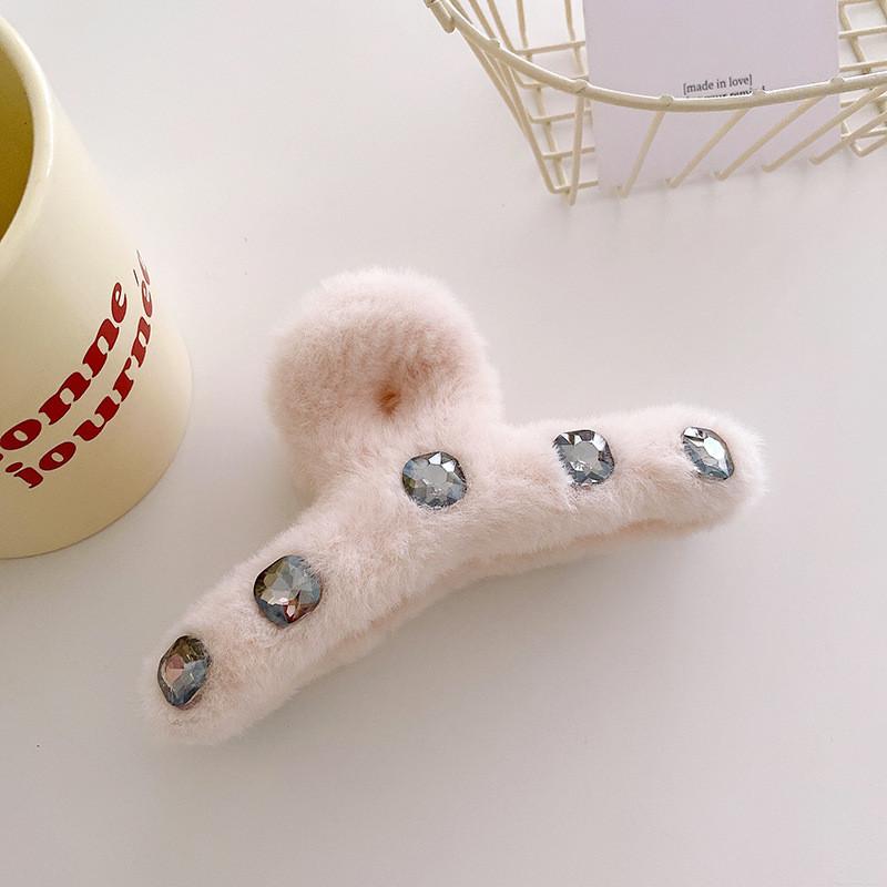 Chic Korean Style Soft Plush Hair Claw Clip With Sparkling Rhinestones For Women