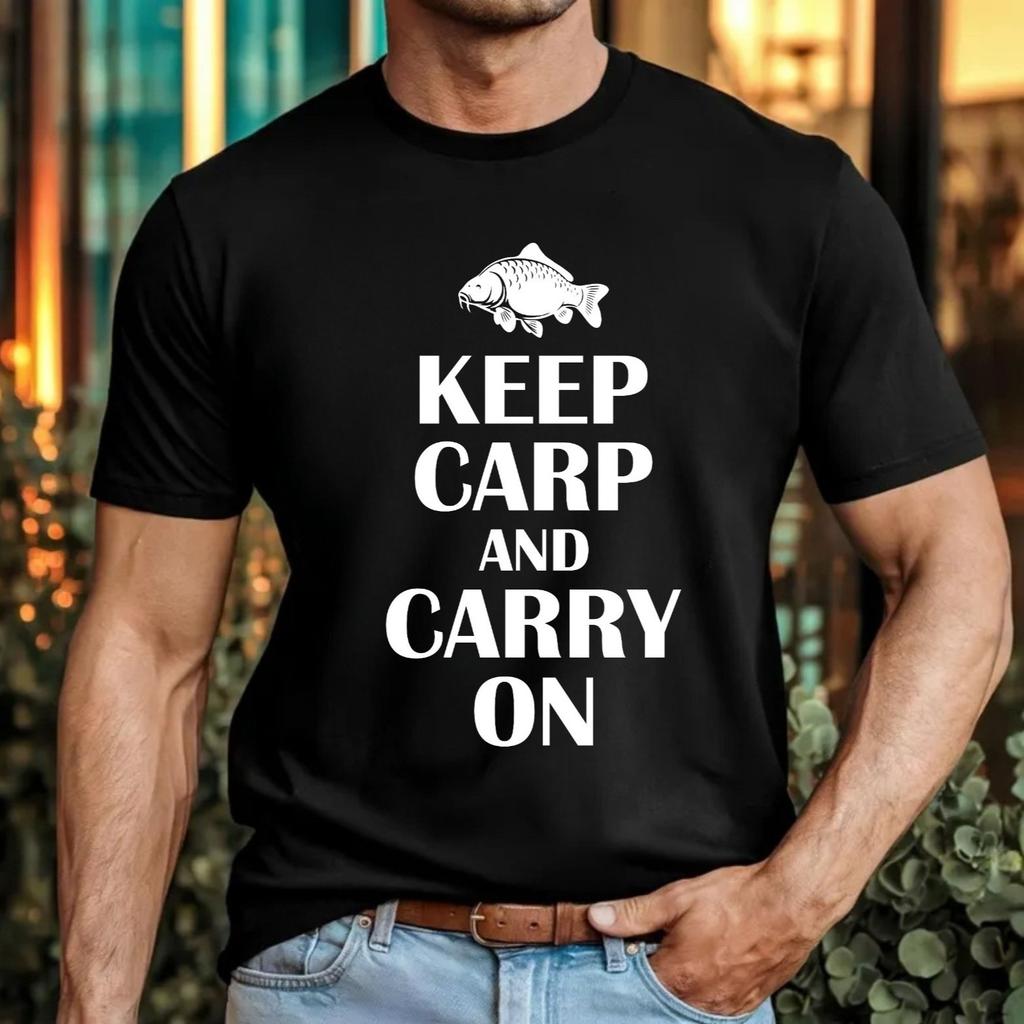 Keep carp and carry on t shirt funny fishing pun classic retro meme tee gift