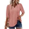 Solid Color V Neck Puff Sleeve Loose Casual Five Quarter Sleeve T Shirt