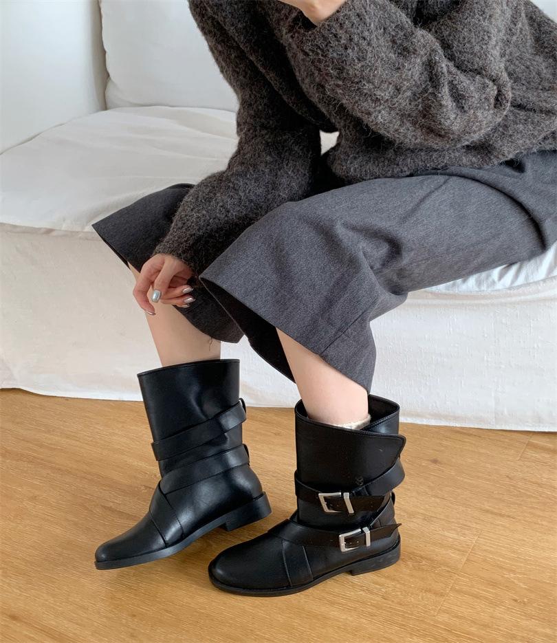 Coarse Heel Brown Maillard Suede Boots Women s Boots 2025 Autumn/Winter Belt Buckle Cowboy Boots Medium Martin Boots 35