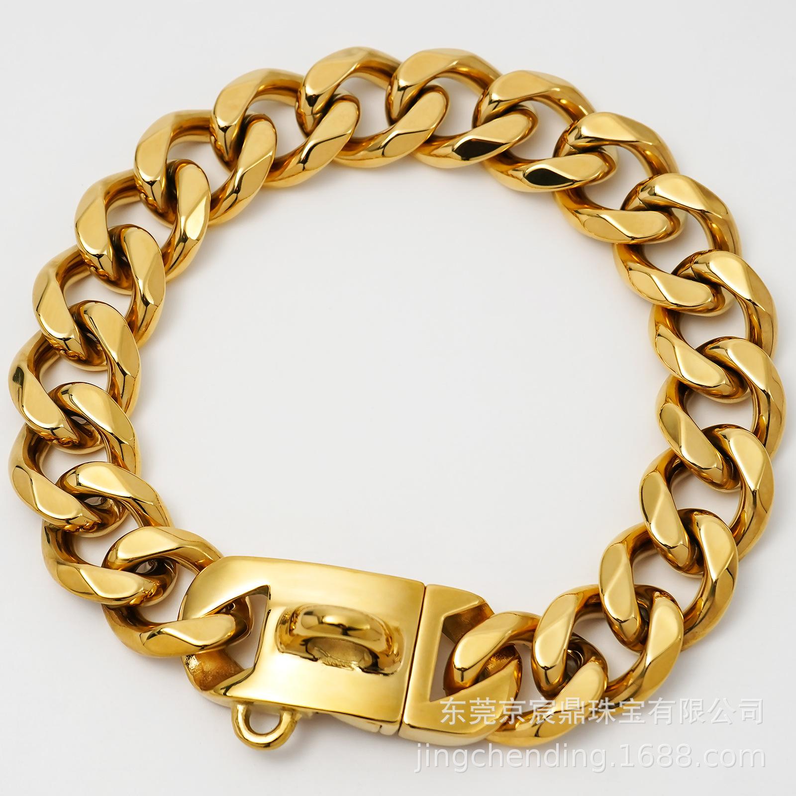 23mm Wide Gold Dog Collar & Leash with Solid Buckle, Stainless Steel Dog Chain, Pet Walking Ring in Titanium Steel. 35cm