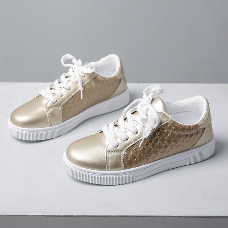 Plus Size Gold Sneakers 2026 Spring New Versatile Casual Flat Sneakers Women Fashion White Shoes