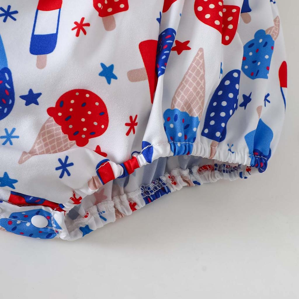 0 to 24 Months Baby Girls Smocked Spaghetti Strap Bodysuit Ice Cream Flag Print Summer Triangle Romper Newborn Infant Crawling Outfit