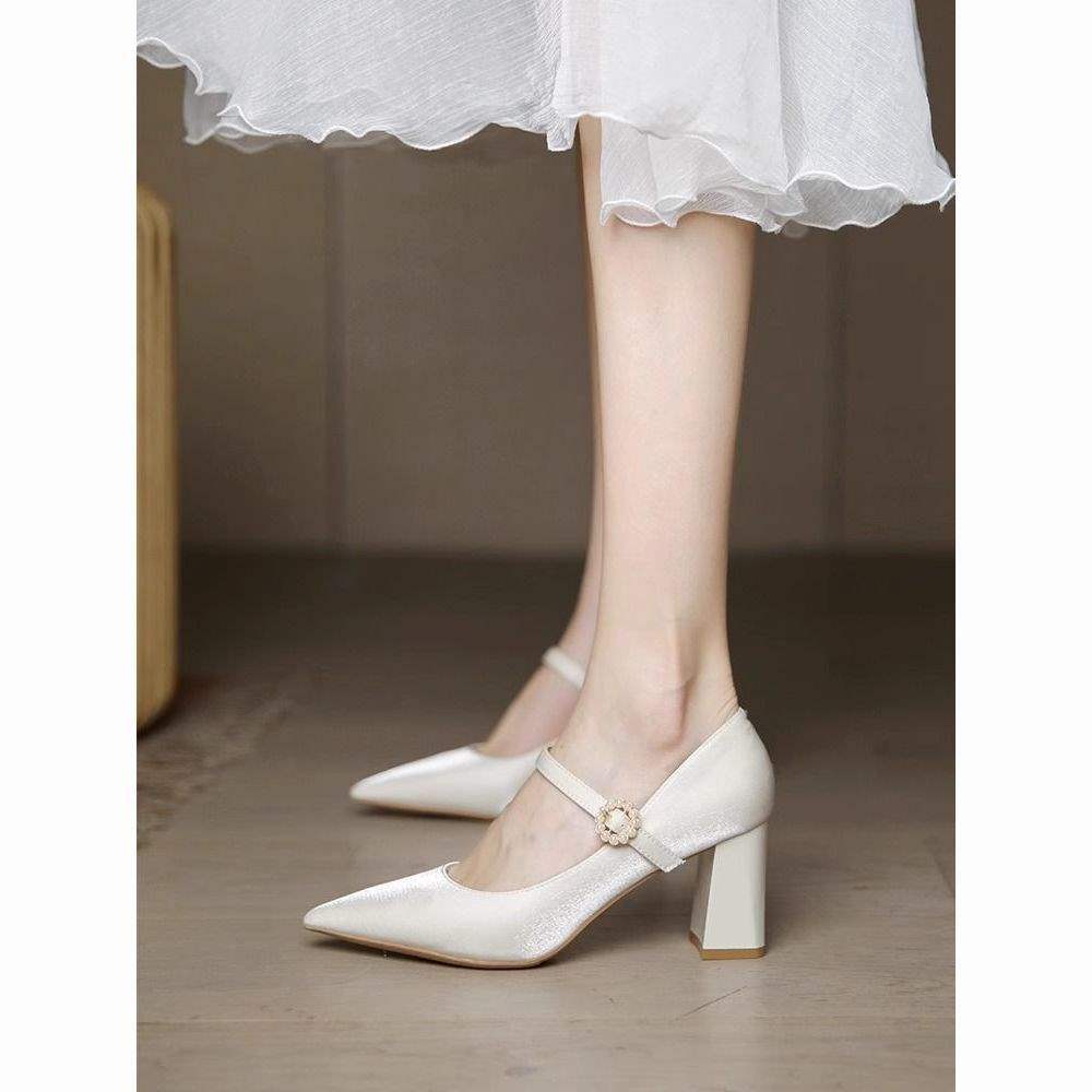 French High Heels Women's Thick Heel 2025 New Beige Mary Jane Bridesmaid Shoes Daily Wear Bridal Shoes Wedding Shoes