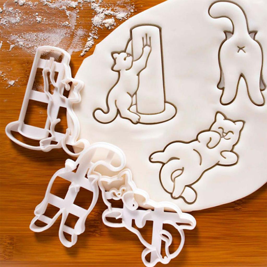 3Pcs Cartoon Cat Cookie Cutters Cartoon Pressable Biscuit Mold Holiday Biscuit Fondant Cookie Stamps Party Supplies