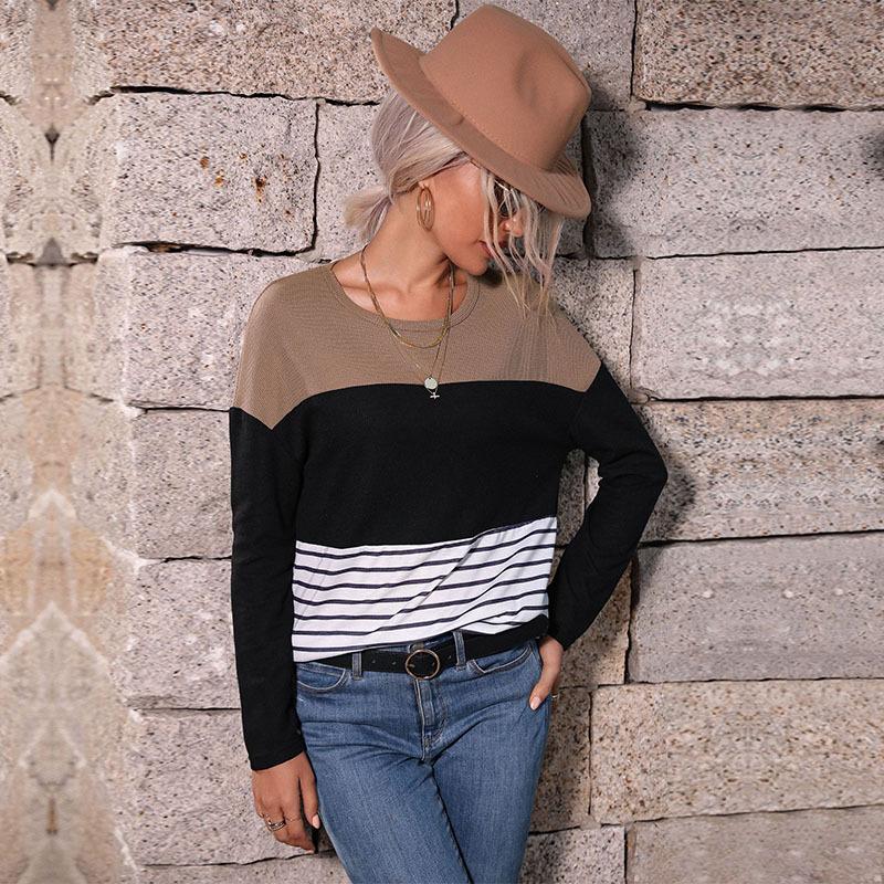 

Женская одежда Модные повседневные топы Рубашки Модный и повседневный темперамент Женский длинный рукав Сращивание Свободный полосатый вязаный свитер XL коричневый