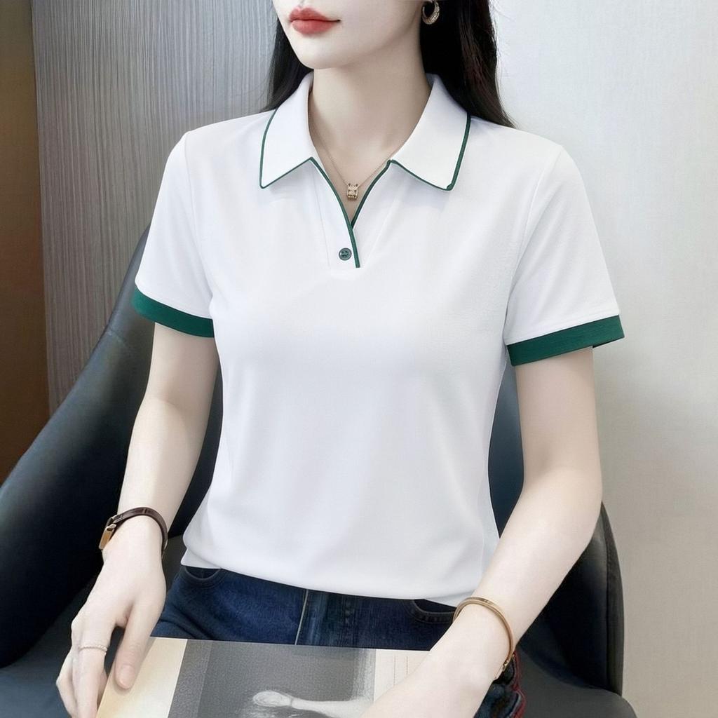 High quality contrasting color lapel short-sleeved T-shirt women's summer, new fashion polo shirt slimming top