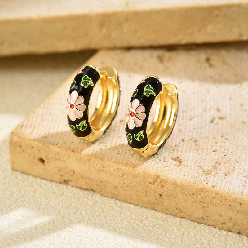 Vintage Colorful Dripping Oil Flower Hoop Earrings for Women Fashion Metal Round Circle Geometric Ear Buckle Zircon Brincos