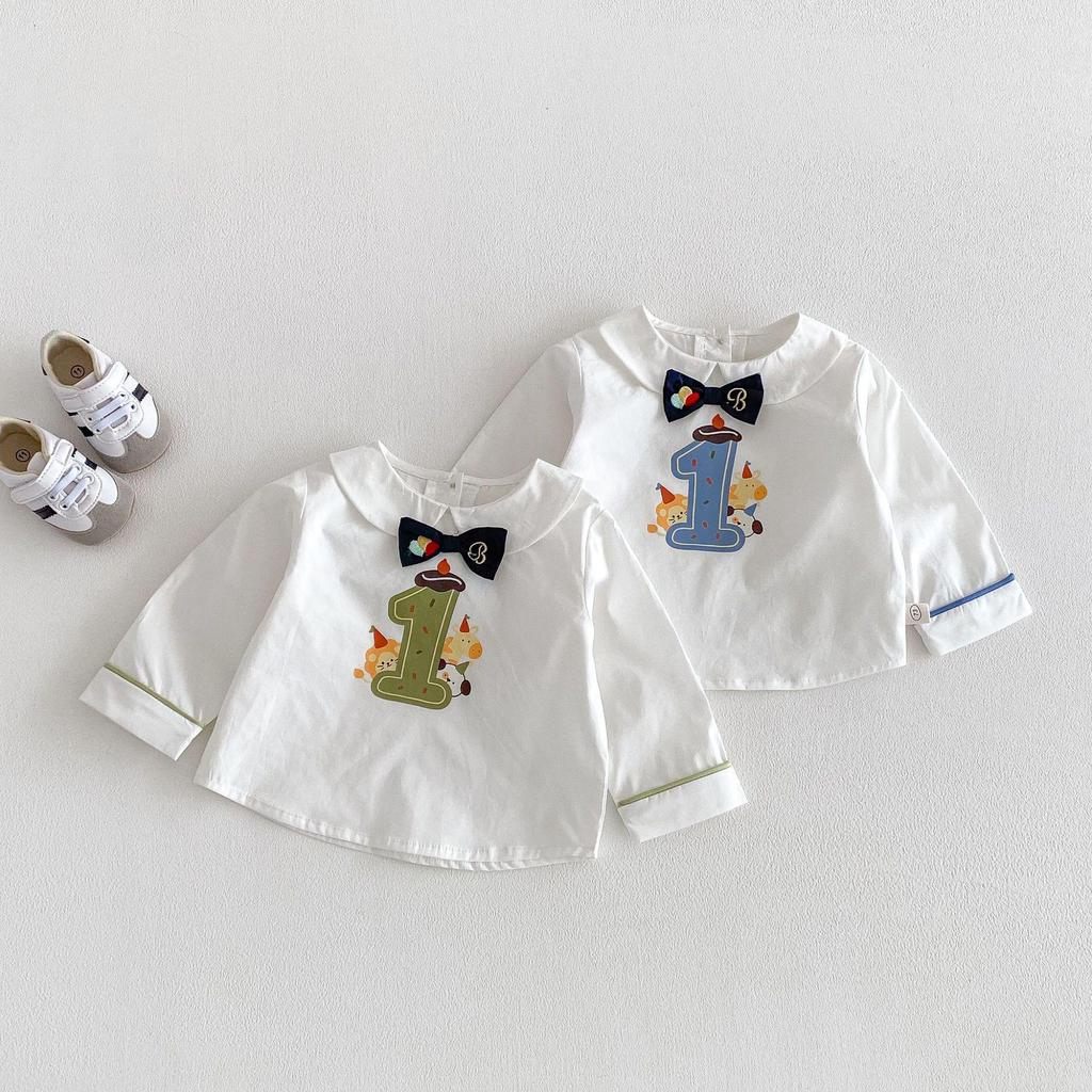 2026 Toddler Cartoon Bow Tie Shirt - Spring Birthday Outfit