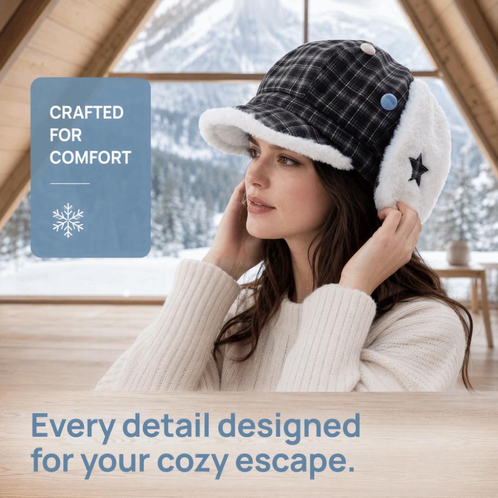 Sweet Winter Fleece Lined Hat Earflap Windproof Newsboy Cap Cute Plaid Octagonal Hat For Women