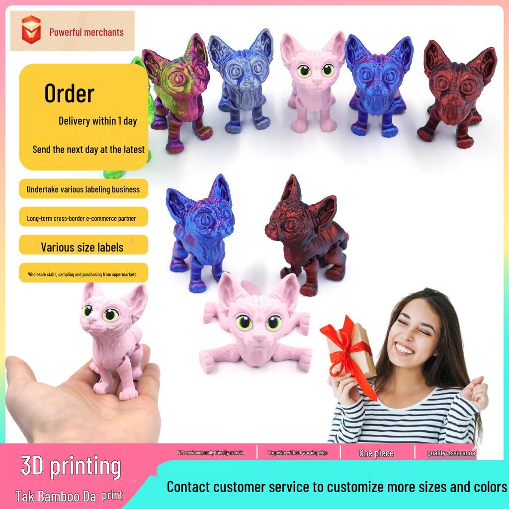 3D Printed Hairless Cat Model: Movable Joint Kitten Toy Ornament
