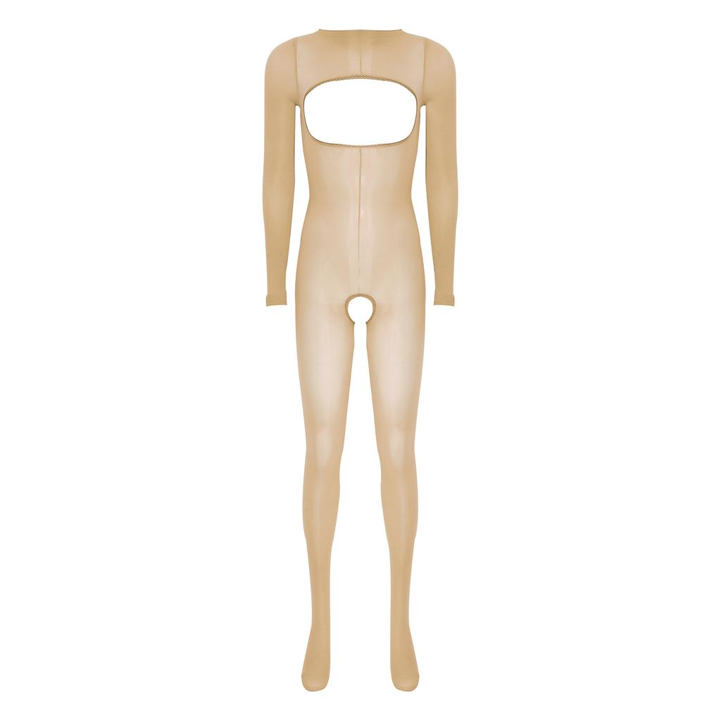 Damska błyszcząca prześwitująca body-pończocha z długim rękawem, otwarta w kroku i na biuście