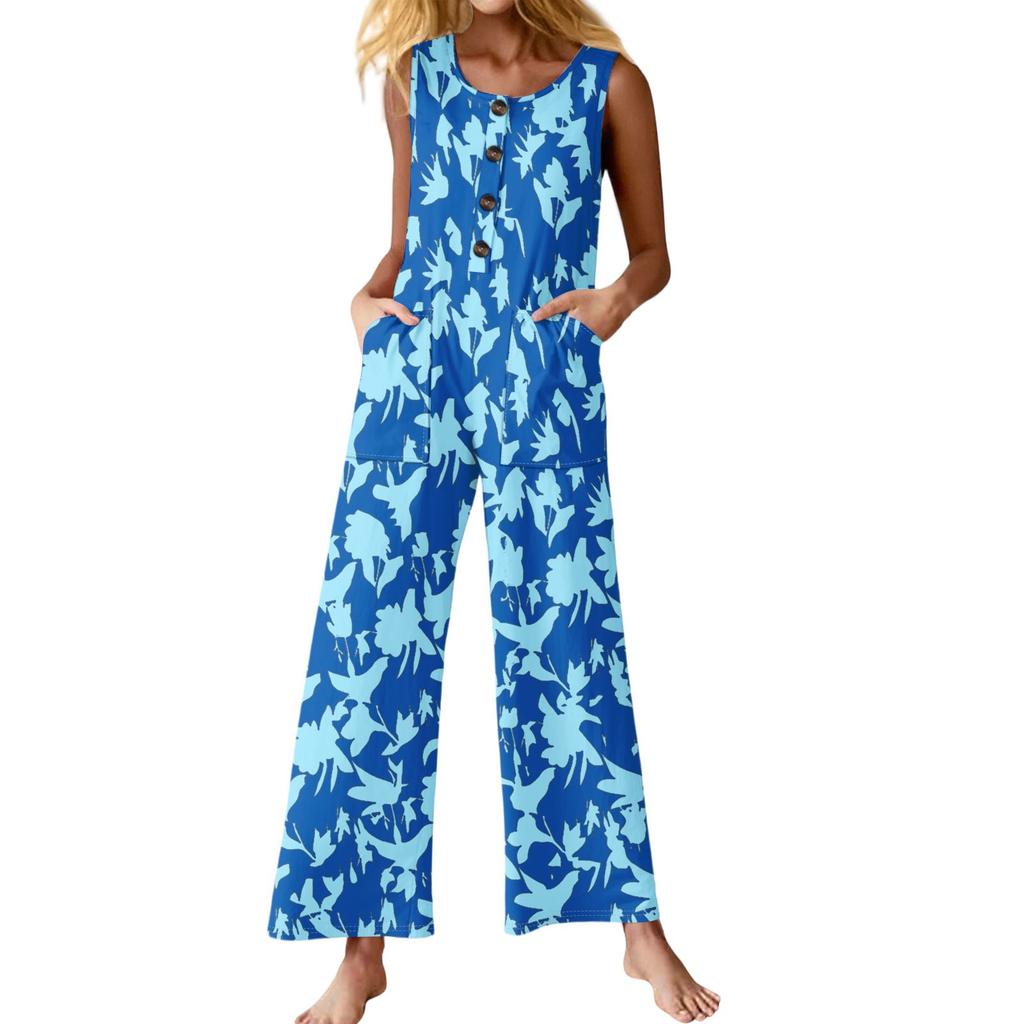 Women's Fashion Casual Button Sleeveless Jumpsuit Floral Flower Print Cotton Pocket Jumpsuit