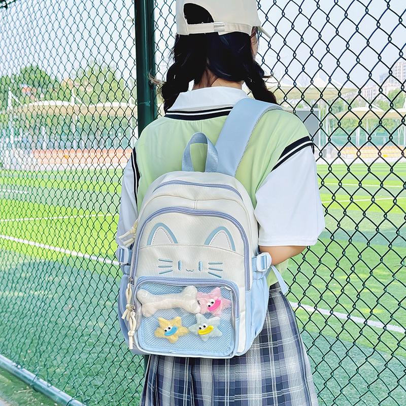 Zaino Gatto Kawaii Ita Bag Grande Capacità Zaino Scolastico in Nylon con Tasca Trasparente per Pin Zaino Anime Carino per Ragazze