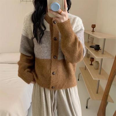 Autumn/Winter 2025 Women's Retro Color Block Striped Knit Cardigan Sweater Coat