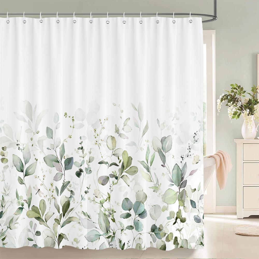Green Eucalyptus Shower Curtain Waterproof Polyester Leaves Plant Floral Printed Bathroom Partition Decorative Curtain With Hook