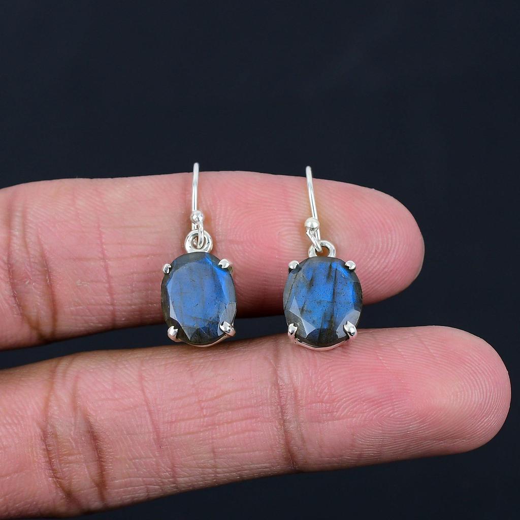 Natural Labradorite  Gemstone Earrings Solid 925 Sterling Silver Handmade Earrings Jewelry Gift For Women And Girls E-587
