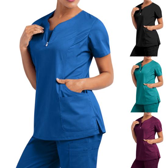 Nurse Top V-Neck Pockets Soft Short Sleeve Anti-Wrinkle Loose Doctor Uniform Workwear