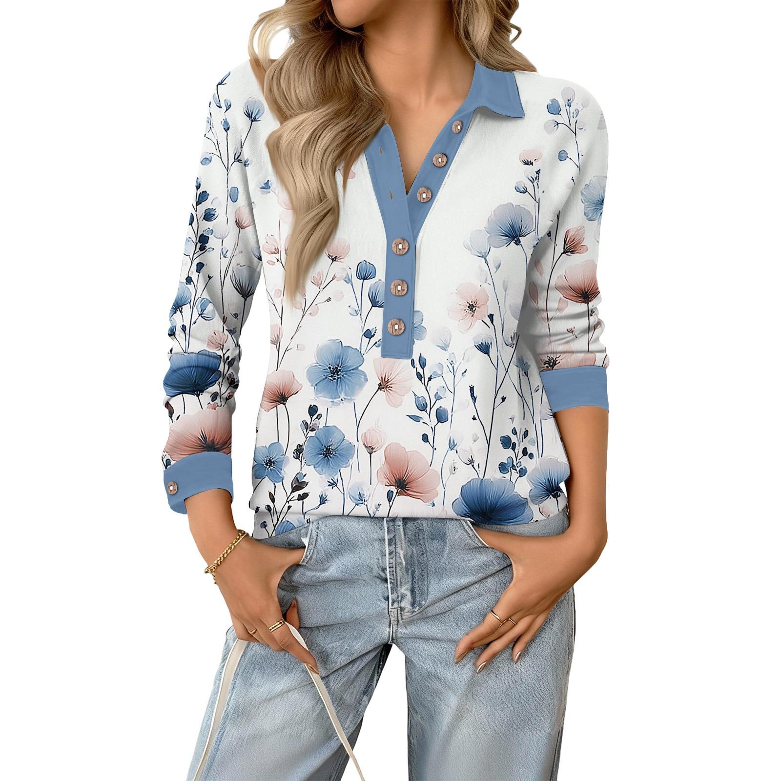 

Women s Retro Street Lazy V,neck Long Sleeve Button Floral Print Pullover Top S білий