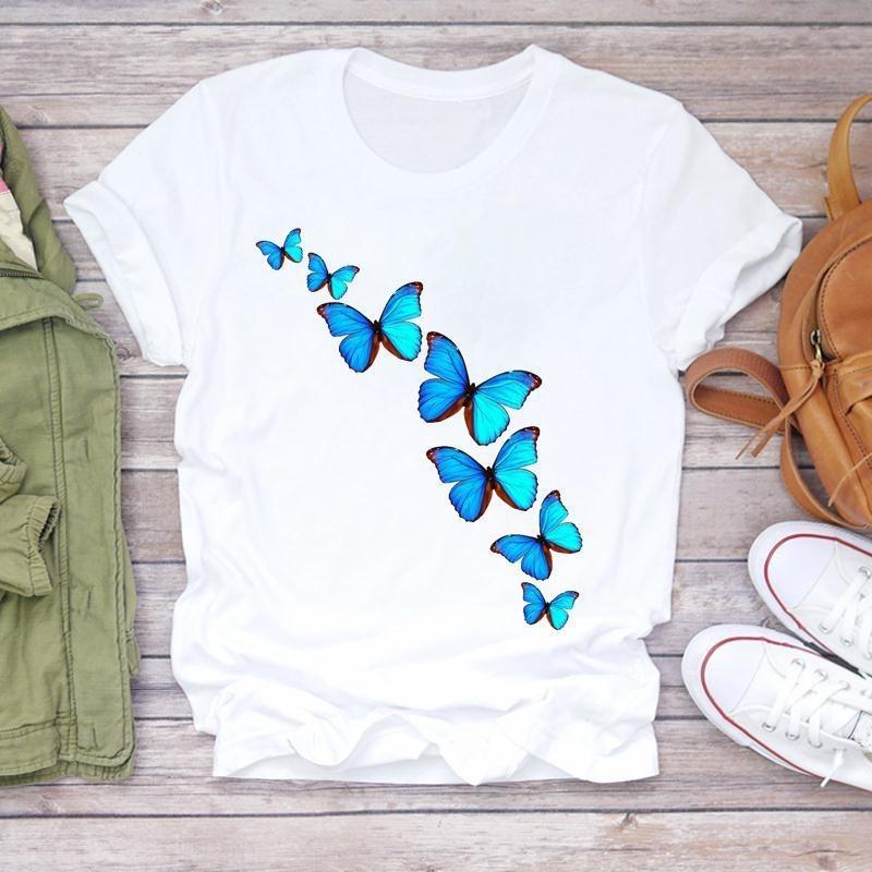 European Size Casual Butterfly Clothing Floral 90s Short Sleeve Women Clothing Fashion Clothes T Tee Top Tshirt Female Print Graphic T-shirt