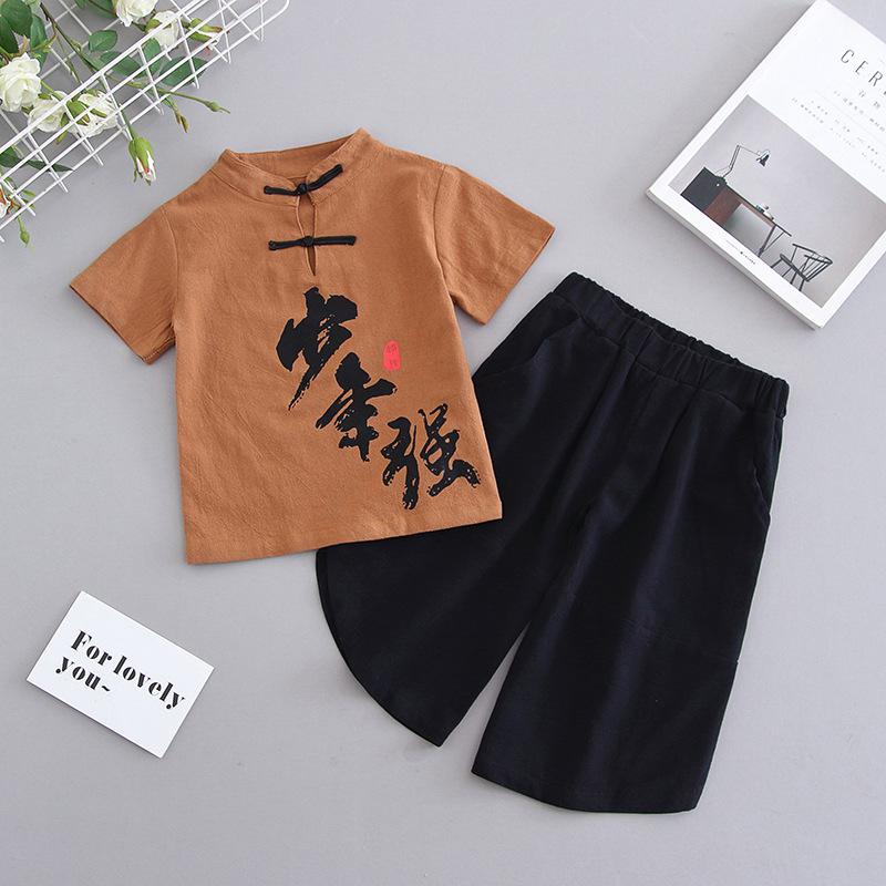 Letní Hanfu pro chlapce Dvoudílný oblek Čínský styl Krátký rukáv Tenké Starodávné školní oblečení Dětské výroční šaty Prodyšný výkonnostní outfit