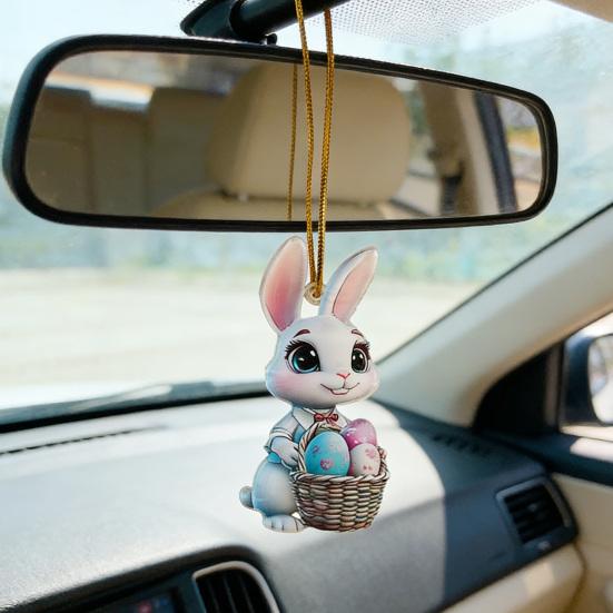Easter Bunny Ornament 2D Flat Acrylic Bunny Car Rearview Mirror Charm Cartoon Bunny Egg Hanging Pendant for Home Car Window Backpack Holiday Decor