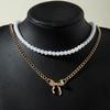 Accessories, Korean temperament double-layer stacked pearl necklace, simple alloy bow collarbone chain