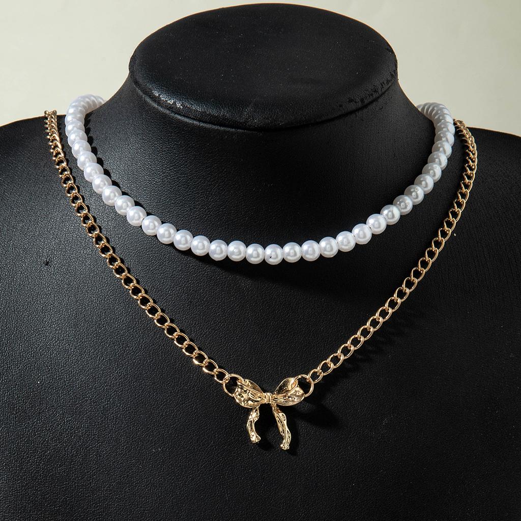 Accessories, Korean temperament double-layer stacked pearl necklace, simple alloy bow collarbone chain