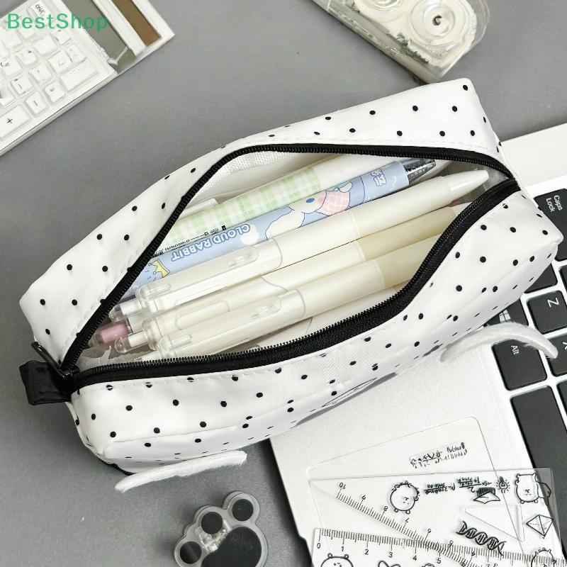 Black Polka-Dot Angel Cat Pencil Case,Large-Capacity Student Stationery Organizer