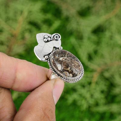 Natural Turritella Agate Gemstone 925 Silver Promise Ring Size 7 For Girls