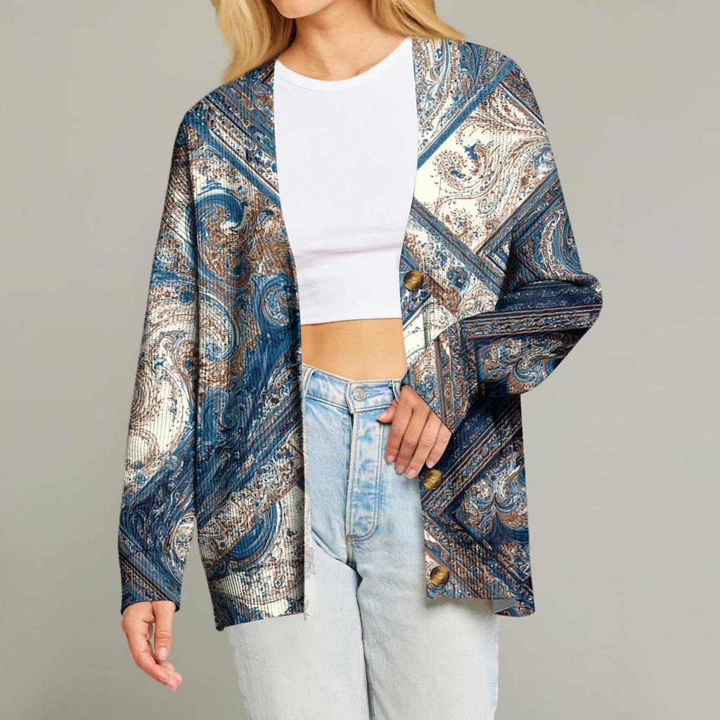 Dámský módní kardigan s dlouhým rukávem, vánočním potiskem, výstřihem do V a knoflíky, volný top