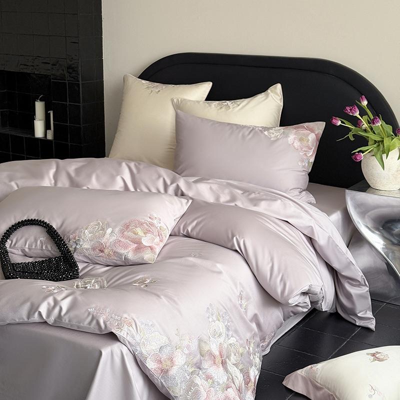 Flowers Embroidery Luxury Bedding Set Egyptian Cotton Single Queen King Size Duvet Cover Flat/Fitted Bed Sheet Pillowcases 3/4Pc