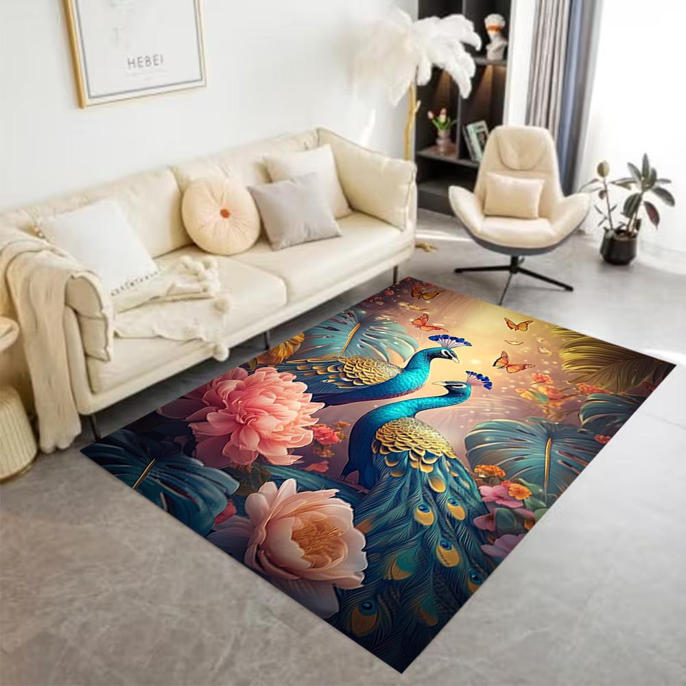 1pc Home Carpet Peacock and Flowers Non-Slip Design for Office Decor Living Room Bedroom Gift