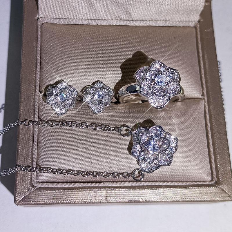 Nowe S Srebrne Zestawy Biżuterii dla Kobiet Cyrkonia Sześcienna Naszyjnik z Kwiatem Zawieszka Pierścionek Kolczyki Sztyfty Zestaw 3 szt. srebrny zestaw