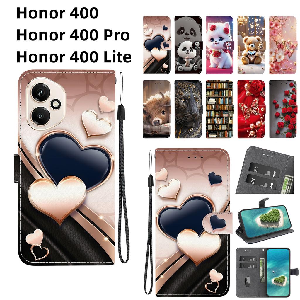 Handgefertigte PU-Leder-Klapphülle für Honor 400/Honor 400 Pro/Honor 400 Lite Lite Rutschfeste Stoßfeste Hülle mit Handschlaufe & Herz/Rose Katze Designs