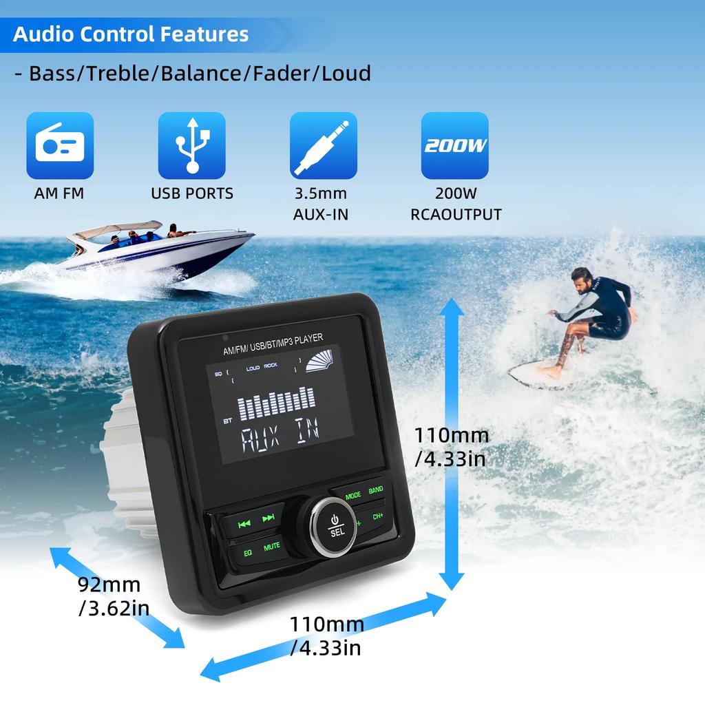 MP3 Player Marine Radio Boat Stereo FM AM Media Audio Player Bluetooth-compatible Waterproof For Yacht ATV UTV Boat Accessories