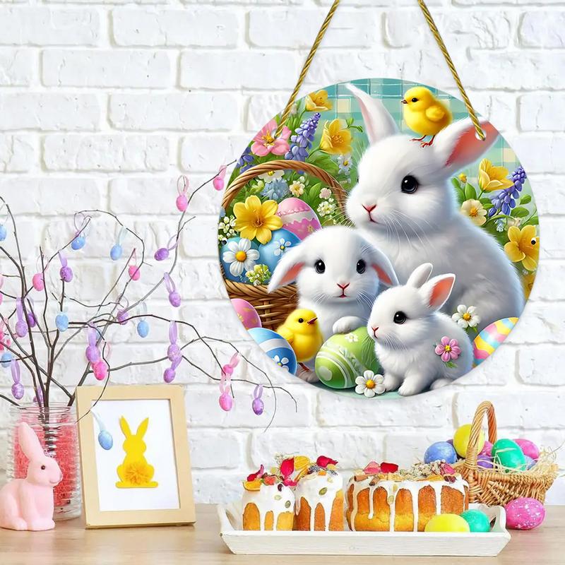 Easter Door Sign Acrylic Bunny Family Round Ornament  Hangable Spring Wall Art Hanging Pendant Happy Easter Day Party Decor