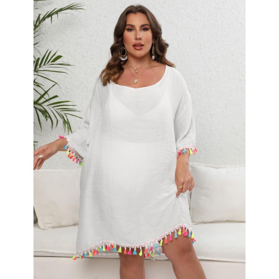 Vestido de mujer de gran tamaño, color blanco, negro, albaricoque, con borlas y retazos, cuello oblicuo, Sexy, sin espalda, atado, para playa, Bikini, vestidos