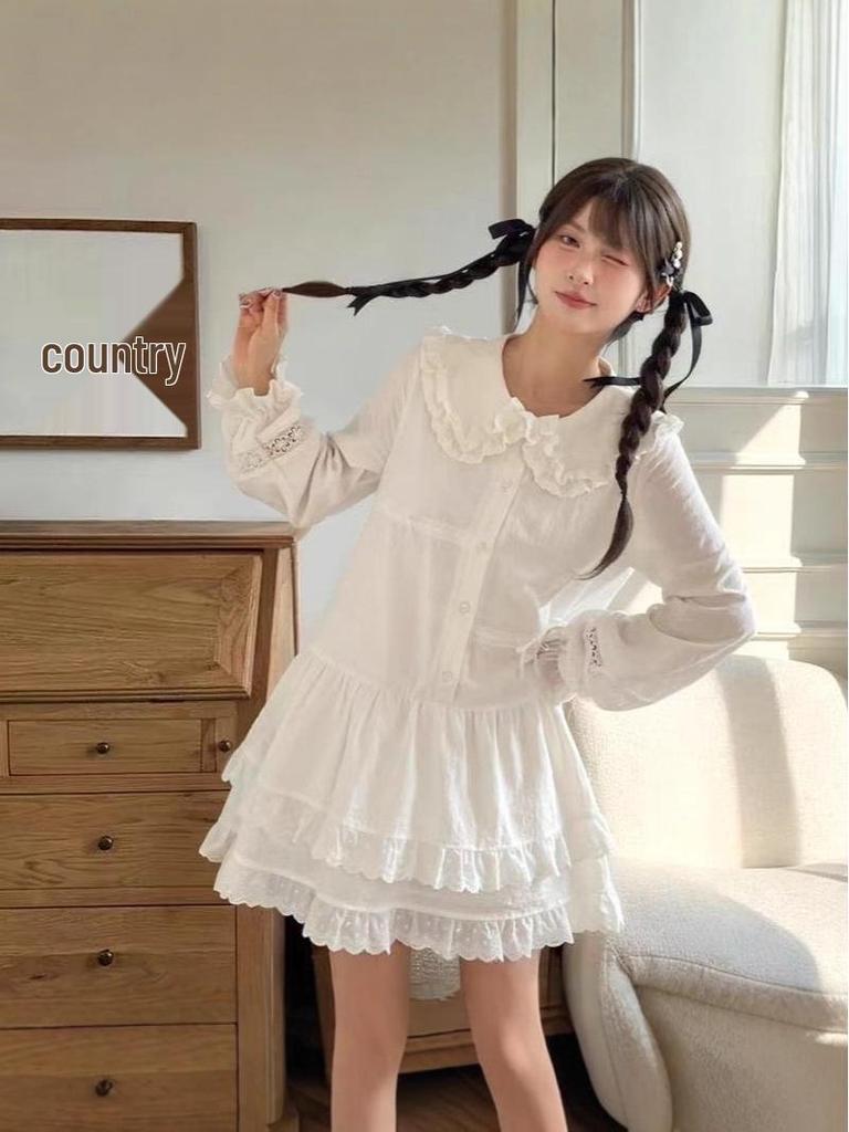 New Autumn Women's Loose-Fit Long Sleeve Dress with Sweet Pure Cotton French Doll Collar Design.
