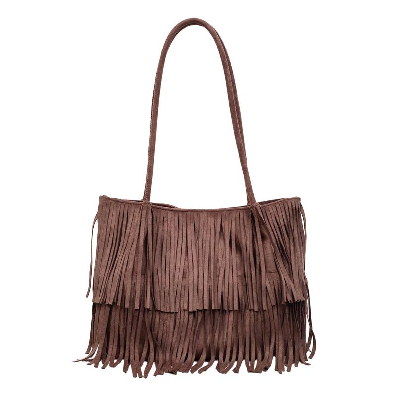 Bruine Suède Franje Tote Tas Dames Mode Schoudertas Met Gelaagde Kwastjes Boho Stijl Handtas Dagelijks Gebruik