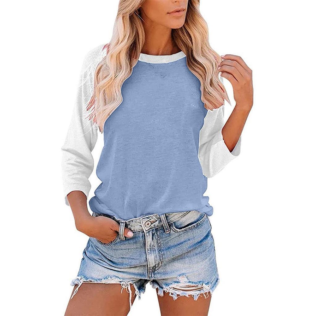 Moda casual feminina solta cor combinando manga três quartos costura camiseta top