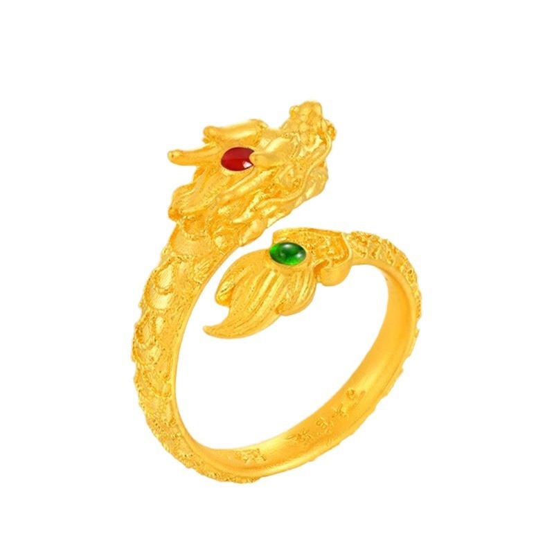Gold-Plated Brass Dragon And Phoenix Ring Ring Flying Dragon In The Sky Couple'S Open Ring Adjustable Party Jewelry Gifts