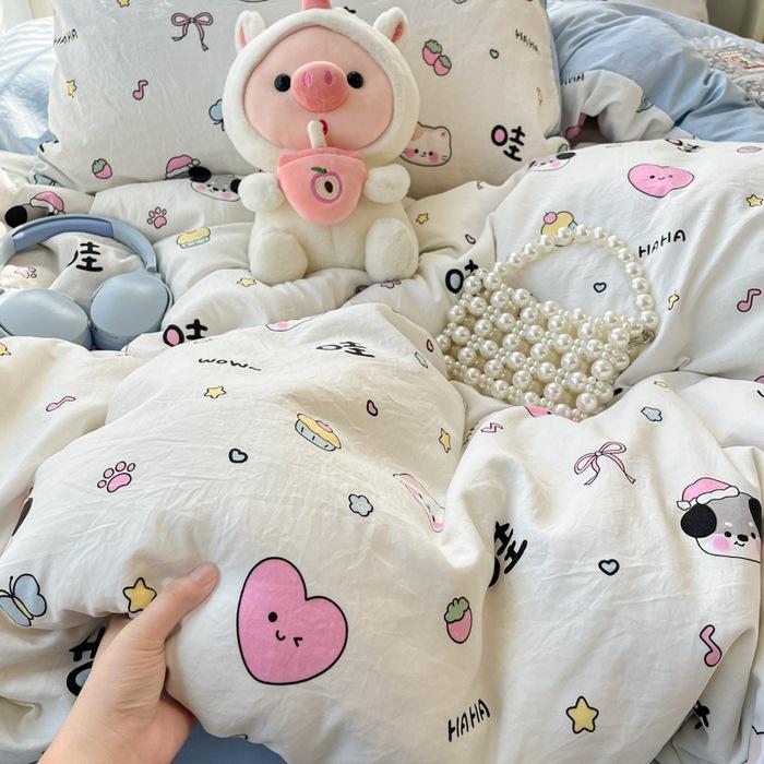 Class A soft waxy washed cotton four-piece bedding cute small fresh quilt cover bed sheet student dormitory bed hat model